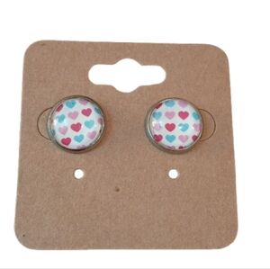 Multi Color Heart Print Glass Dome Cabochon Stud Earrings Silver Tone
